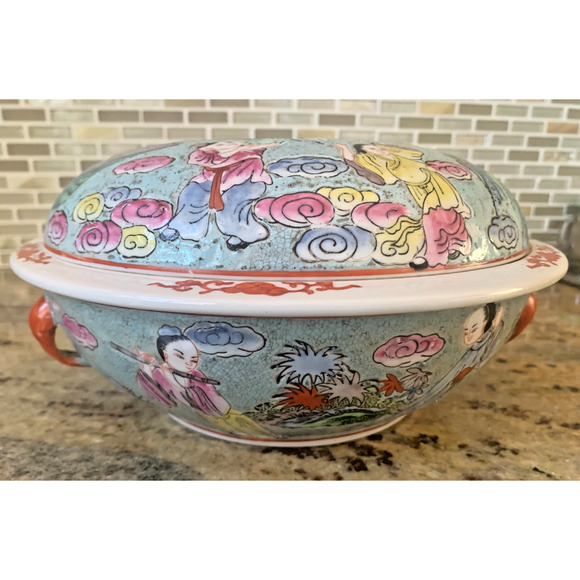 Rose Medallion Antique Chinese Porcelain Export Covered Serving Casserole Dish - Picture 5 of 15